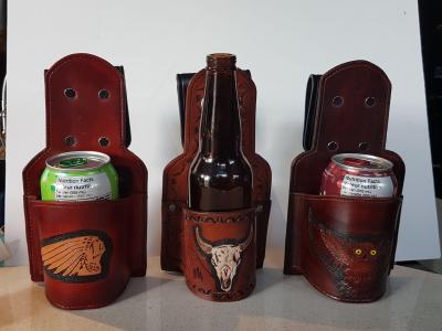 Beer Holster With a Swivel Clip , Custom, Full Grain Leather, Hand tooled, Hand Made in the Okanagan, Oliver, B.C., Canada.