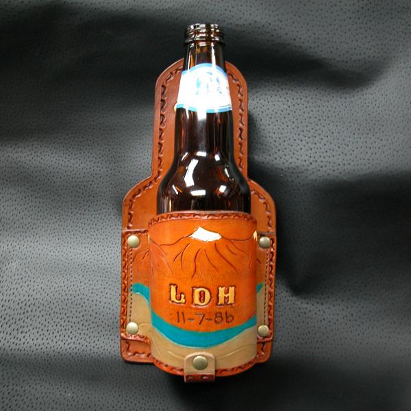 Beer Holster With a Swivel Clip , Custom, Full Grain Leather, Hand tooled, Hand Made in the Okanagan, Oliver, B.C., Canada