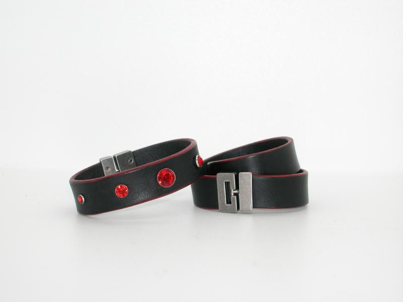 Black Bracelet with Red Gem accents With A Choker With T Style Clasps, Custom, Full Grain Leather, Hand tooled, Hand Made in the Okanagan, Oliver, B.C., Canada.