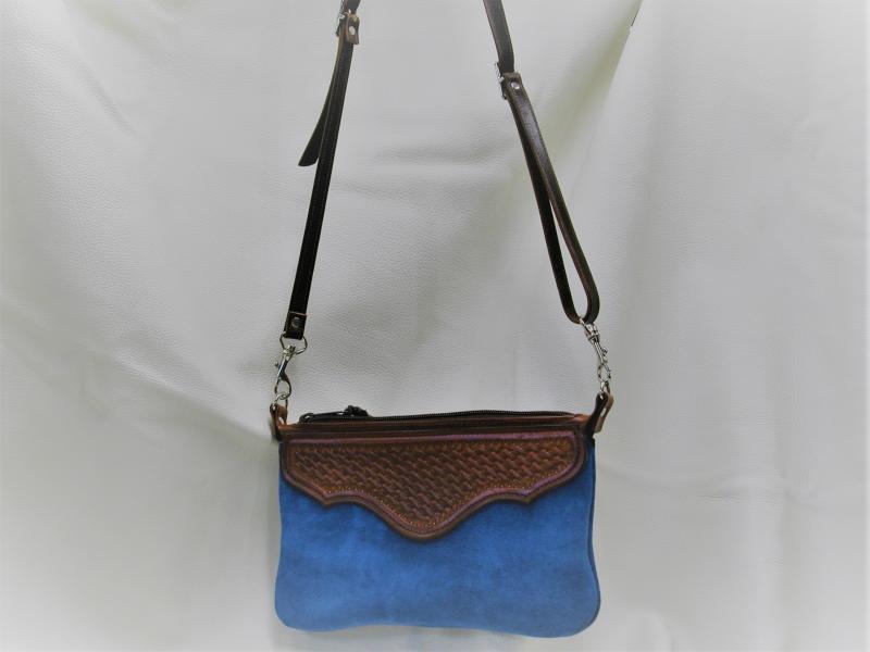 Purse Blue with Tooled Accents, Back, Custom, Full Grain Leather, Hand tooled, Hand Made in the Okanagan, Oliver, B.C., Canada